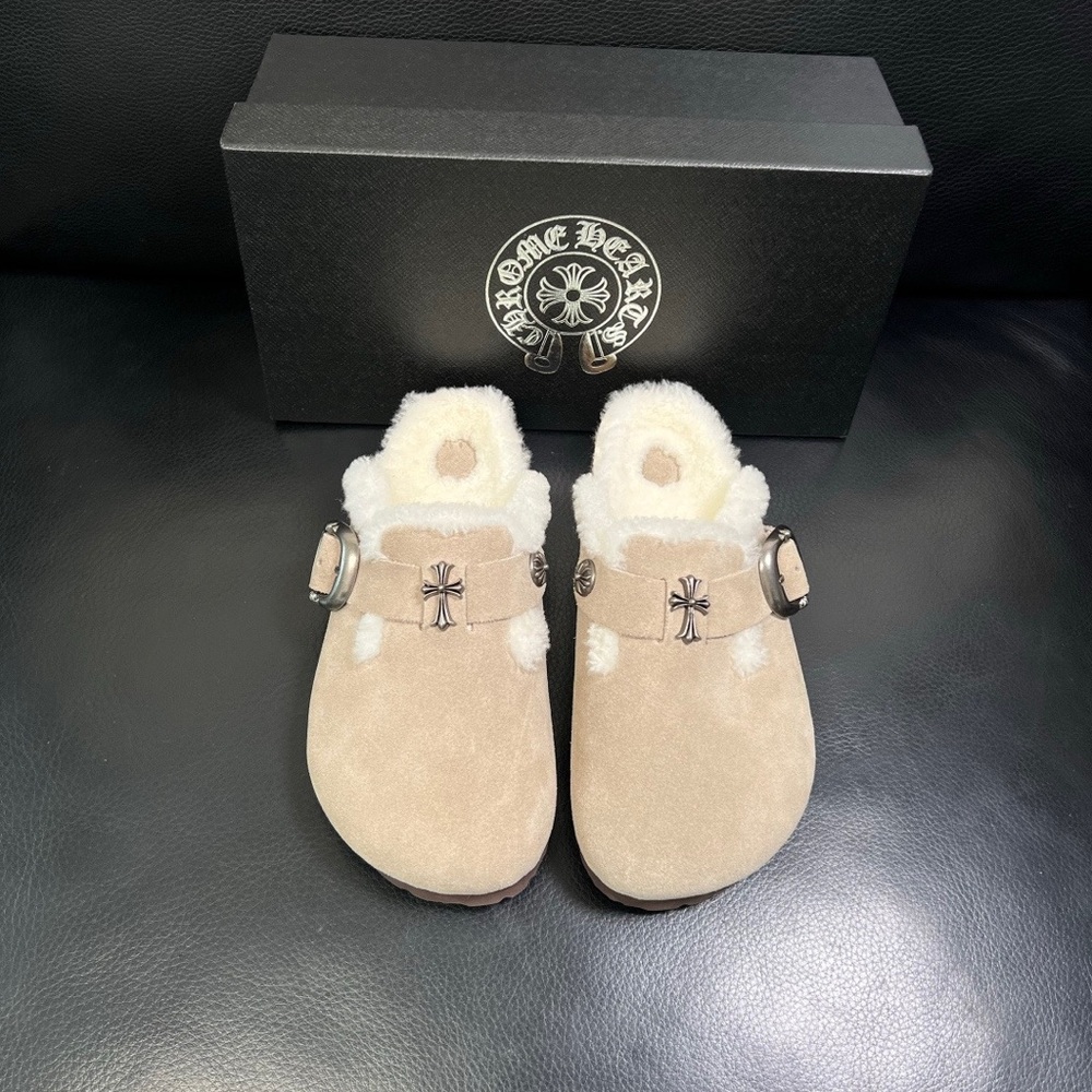 Chrome Hearts Cream Suede Shearling Clogs with Silver Buckle - Picture 3 of 9